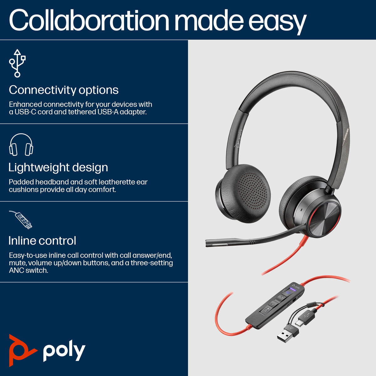 HP Poly Blackwire 8225 Stereo Microsoft Teams Certified USB-C Headset +USB-C/A Adapter