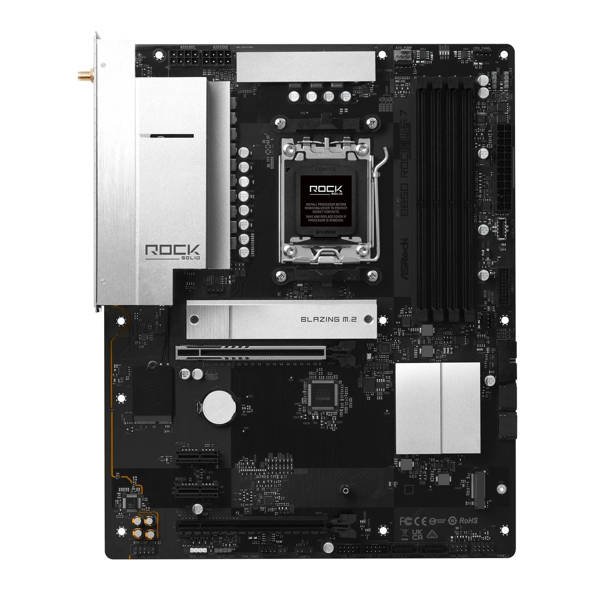 ASRock B850 Rock WiFi 7 AMD AM5 Socket Motherboard, ATX, 4x DDR5 Slots, 2x M.2 Socket, Fitted I/O Shield, 2.5GbE LAN, Wi-Fi 7, 1x HDMI Port