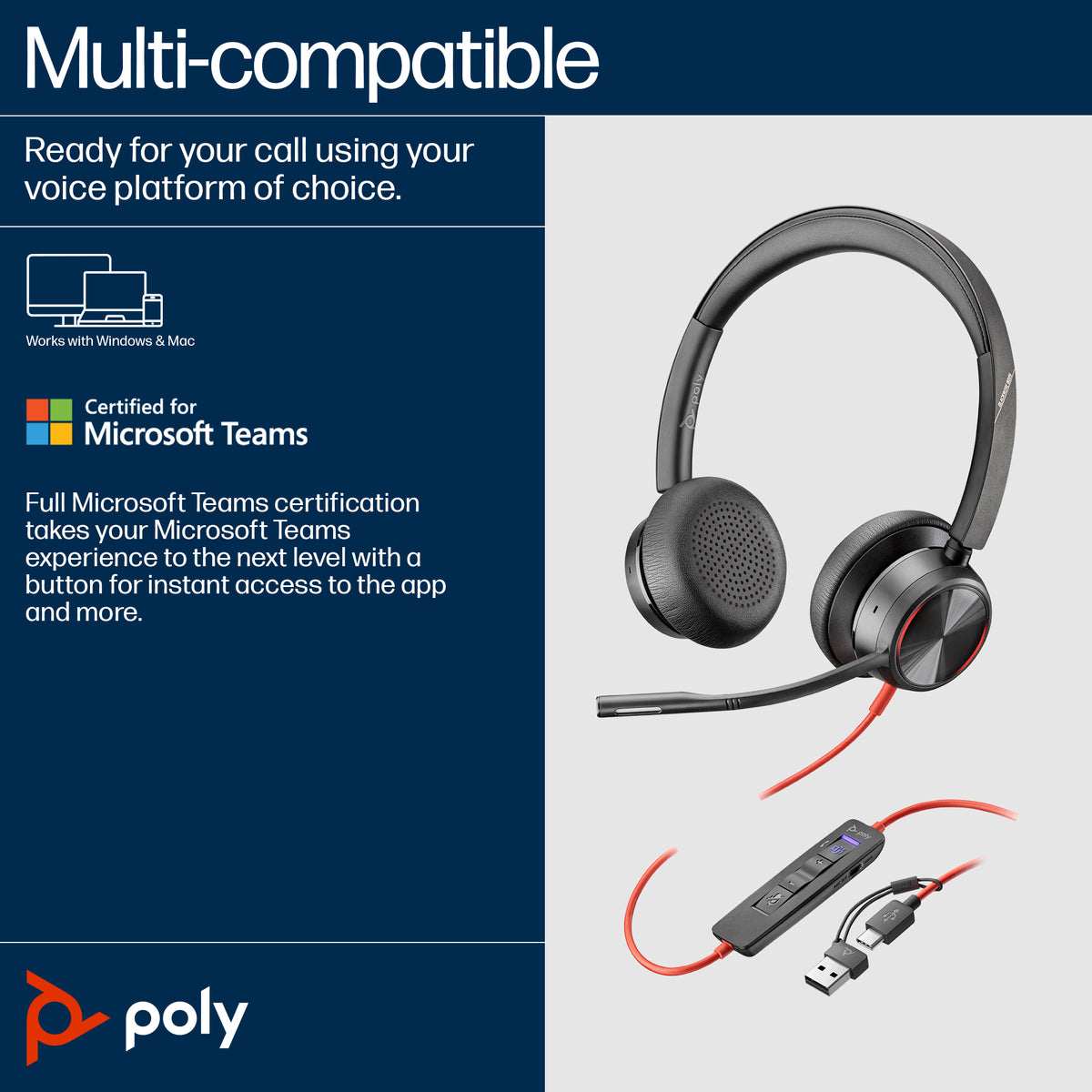 HP Poly Blackwire 8225 Stereo Microsoft Teams Certified USB-C Headset +USB-C/A Adapter