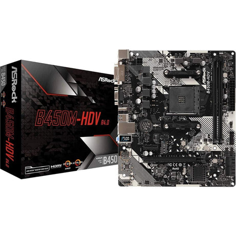 ASRock B450M-HDV R4.0 Super Alloy AMD AM4 Socket Motherboard, Micro-ATX, 2x DDR4 Slots, 1x M.2 Socket, GbE LAN, 1x D-Sub / 1x DVI-D / 1x HDMI Port