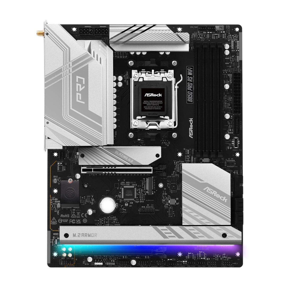 ASRock B850 Pro RS AMD AM5 Socket Motherboard, ATX, 4x DDR5 Slots, 4x M.2 Sockets, Fitted I/O Shield, 2.5GbE LAN, Wi-Fi 6E, 1x HDMI Port / 1x USB-C