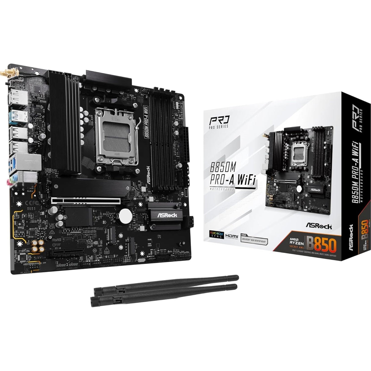 ASRock B850M Pro-A WiFi AMD AM5 Socket Motherboard, Micro-ATX, 4x DDR5 Slots, 3x M.2 Sockets, 2.5GbE LAN, Wi-Fi 6E, 1x DisplayPort / 1x HDMI Port