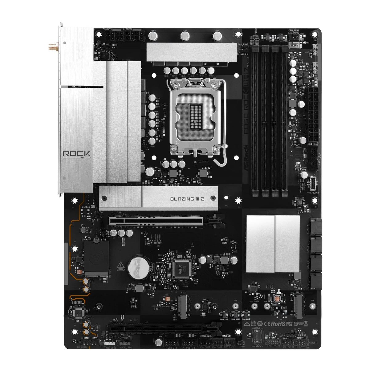 ASRock B860 Rock WiFi 7 Intel 1851 Socket Motherboard, ATX, 4x DDR5 Slots, 3x M.2 Socket, Fitted I/O Shield, 2.5GbE LAN, Wi-Fi 7, 1x HDMI Port