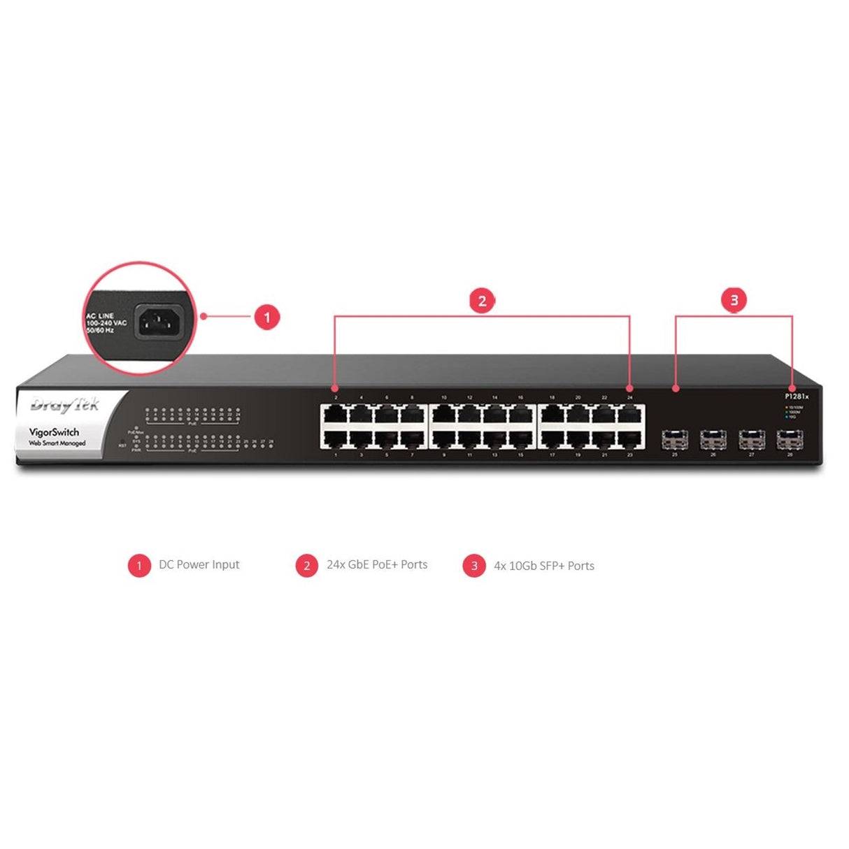 DrayTek VSP1281X-K VigorSwitch P1281x 24 Port Gigabit POE Smart Managed Switch with 4x 10GbE SFP Ports