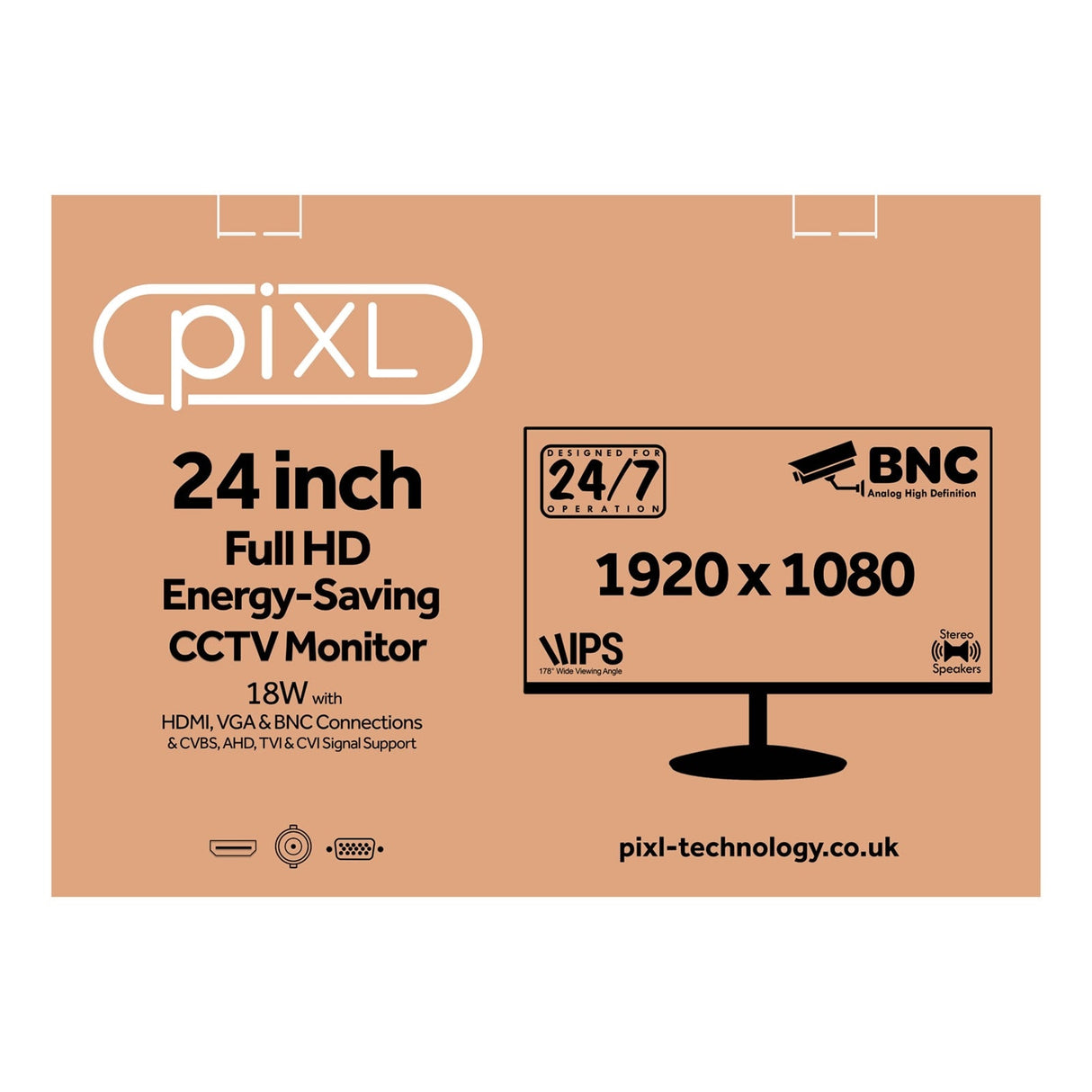 piXL 24-inch Full HD Energy Saving CCTV IPS Monitor for 24/7 use with BNC, HDMI & VGA Connections and CVBS, AHD, TVI & CVI Signal Support